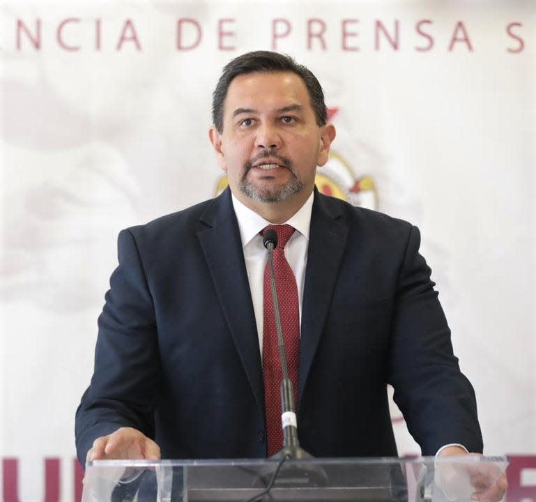 A raid by the Chihuahua Anti-Corruption Prosecutor's Office seized the family home of Juárez Mayor Cruz Perez Cuellar, seen here in news conference in 2023.