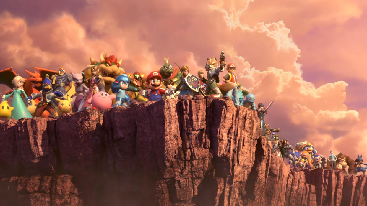  Super Smash Bros. Ultimate characters stood along a cliff. 