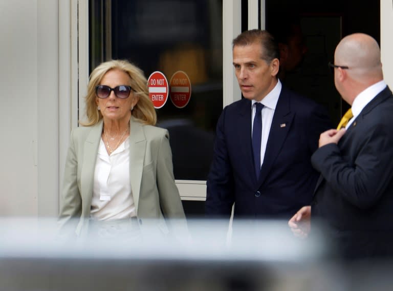 Hunter Biden (center) was convicted in Delaware in June on federal gun charges in a historic first criminal prosecution of the child of a sitting US president (Anna Moneymaker)