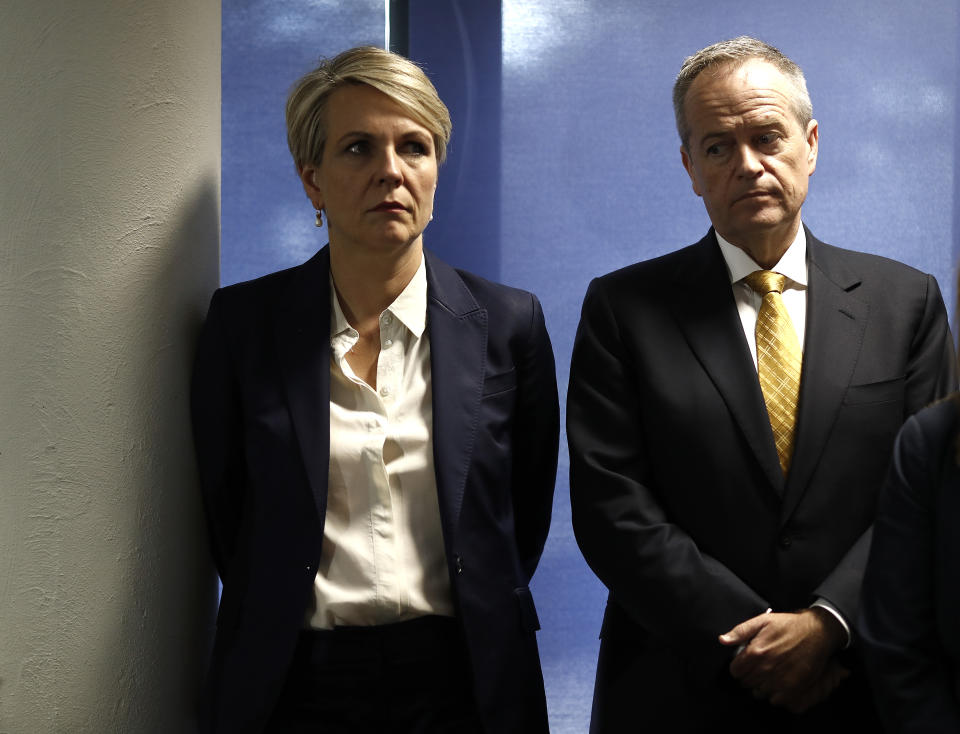 Deputy Labor Leader Tanya Plibersek and Labor Leader Bill Shorten look on during a press conference.