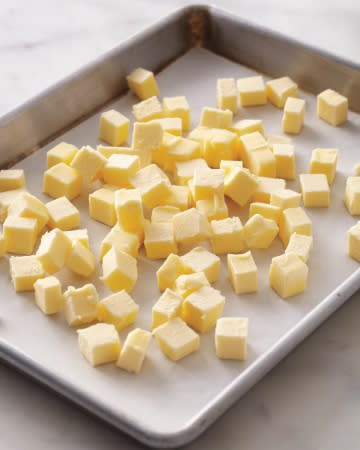 <div class="caption-credit"> Photo by: Martha Stewart Living / Christopher Testani</div><div class="caption-title">Freeze About Three-Quarters of the Butter</div><b>Freeze About Three-Quarters of the Butter</b> <br> Refrigerate the rest. The frozen pieces stay chunky after being pulsed, creating steam pockets when baked (the key to flakiness); the refrigerated bits get worked into the pastry, giving it a tender texture. <br> <br> Plus: <a rel="nofollow noopener" href="http://www.marthastewart.com/274759/thanksgiving-pie-and-tart-recipes/@center/276949/everything-thanksgiving?xsc=shine_ms_piecrust101" target="_blank" data-ylk="slk:71 Thanksgiving Pies;elm:context_link;itc:0;sec:content-canvas" class="link ">71 Thanksgiving Pies</a> <br>