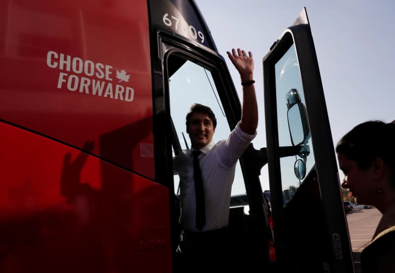 Liberal leader and Canadian Prime Minister Justin Trudeau campaigns for the upcoming election in the Hamilton Fire Department in Hamilton