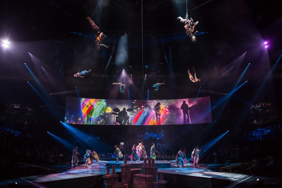 "Get Back" is the thrilling opening number of Cirque du Soleil's "The Beatles Love," playing through July 7, 2024, at the Mirage in Las Vegas.
