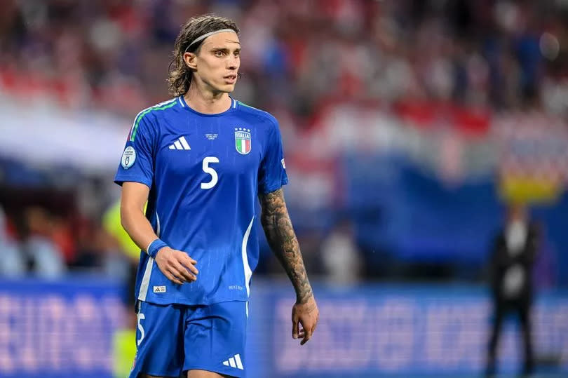 Riccardo Calafiori of Italy looks on during the UEFA EURO 2024 group stage match between Croatia and Italy at Football Stadium Leipzig on June 24, 2024 in Leipzig, Germany.