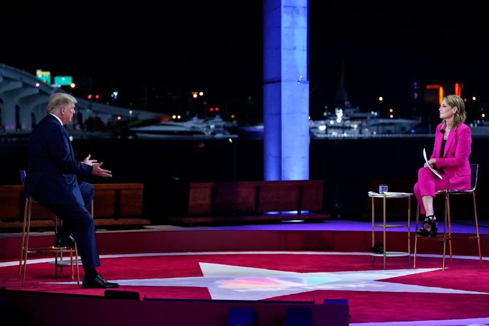 President Donald Trump speaks during an NBC News Town Hall with moderator Savannah Guthrie, at Perez Art Museum Miami, Thursday, Oct. 15, 2020, in Miami.