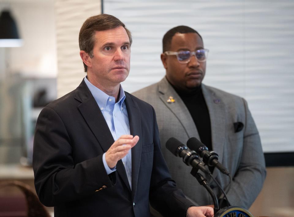 Kentucky Gov. Andy Beshear, along with Louisville Metro Councilmember Phillip Baker, talked to members of the media before signing a veto against HB 18, which could block Louisville and other local governments from prohibiting source-of-income discrimination in housing. March 5, 2024