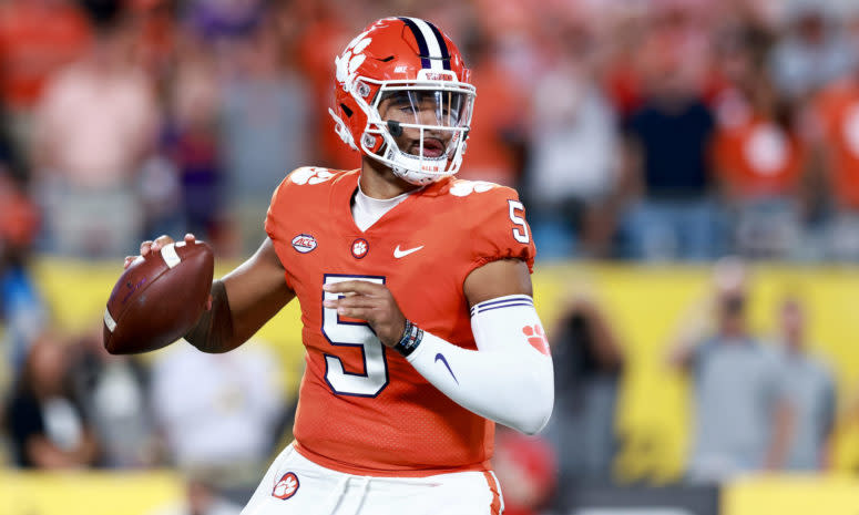 D.J. Uiagalelei of Clemson drops back to pass.