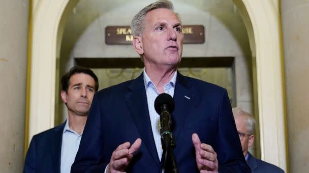 PHOTO: Kevin McCarthy speaks during a news conference after President Joe Biden and McCarthy reached an 'agreement in principle' to resolve the looming debt crisis on May 27, 2023, on Capitol Hill in Washington. (Patrick Semansky/AP, FILE)