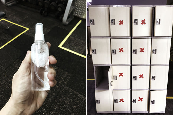 Personal hand sanitisers are given out (left) and social distancing at the lockers (right)