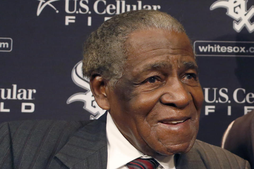 FILE - Chicago White Sox legend Minnie Minoso attends a news conference in Chicago, Oct. 29, 2013. Minoso will be posthumously inducted into the Baseball Hall of Fame on Sunday, July 24, 2022. (AP Photo/Charles Rex Arbogast, File)