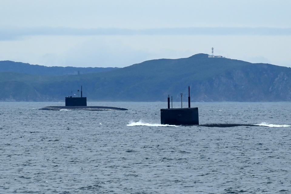 Russian submarines take part in the 'Vostok-2022' military exercises at the Peter the Great Gulf of the Sea of Japan outside the city of Vladivostok on September 5, 2022. - The Vostok 2022 military exercises, involving several Kremlin-friendly countries including China, takes place from September 1-7 across several training grounds in Russia's Far East and in the waters off it. Over 50,000 soldiers and more than 5,000 units of military equipment, including 140 aircraft and 60 ships, are involved in the drills. (Photo by Kirill KUDRYAVTSEV / AFP) (Photo by KIRILL KUDRYAVTSEV/AFP via Getty Images)