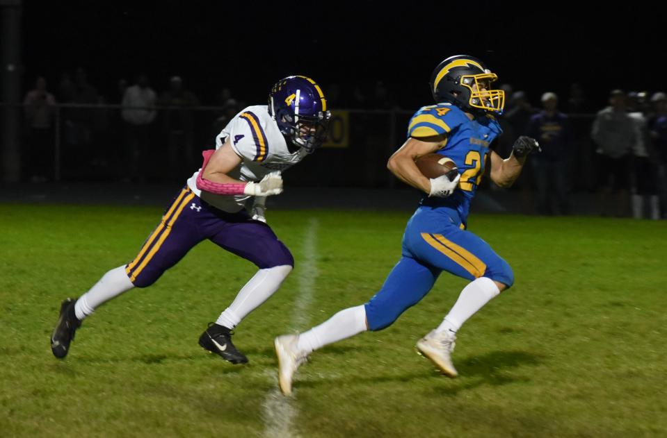 Wyatt Dirkmaat of Ida turned on the jets taking off for a 98 yard touchdown with Mason Case of Blissfield trailing Friday, October 6, 2023.