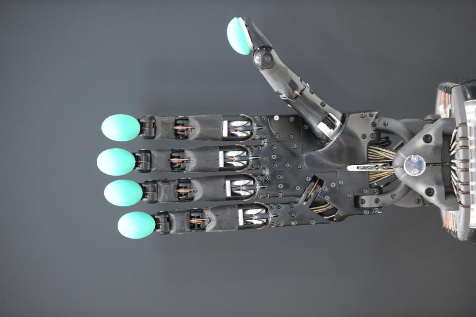 A hand of a humanoid robot on display.