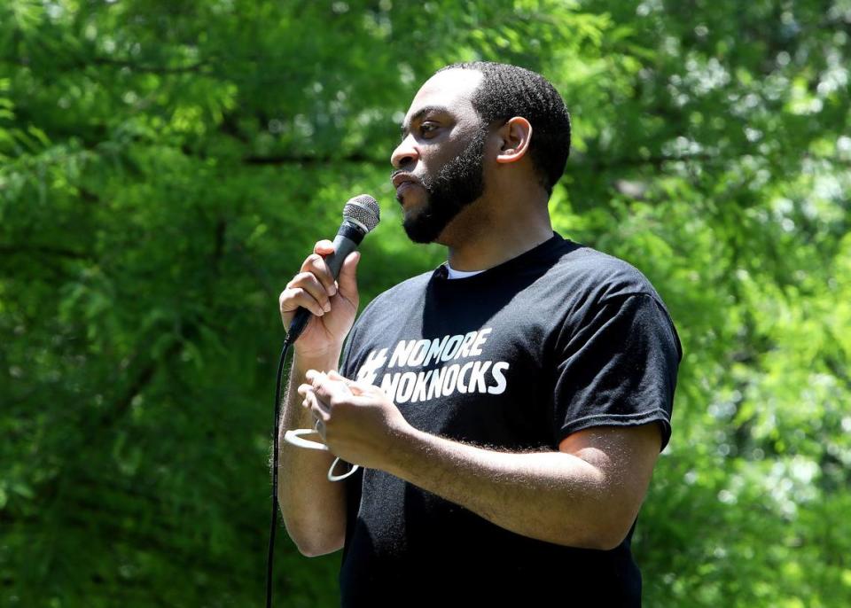 Senate candidate Charles Booker spoke Saturday afternoon during the Walk Forward rally, hosted by former UK basketball players Ravi Moss and Erik Daniels, at Woodland Park.