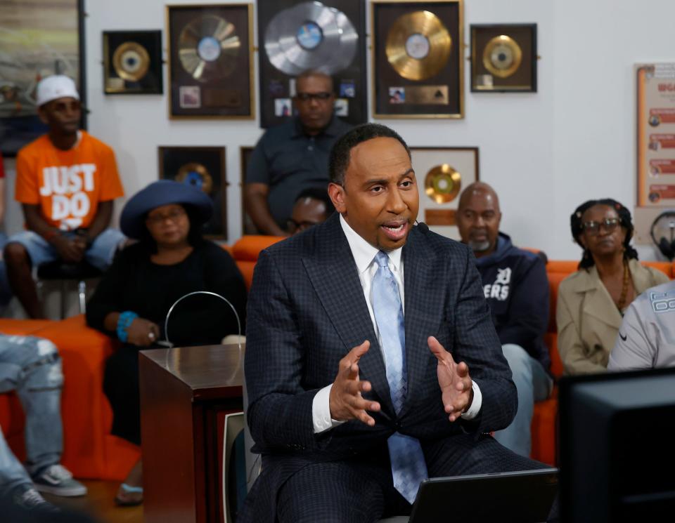 ESPN's Stephen A. Smith does his show, "First Take," from WGPR in Detroit on Friday, Sept. 9, 2022. The live show had a studio audience made up of Detroit sports fans listening to the two talk about football and other sports related topics.