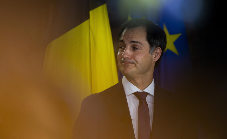 Belgian Minister of Cooperation Development and Finance, Alexander De Croo speaks during a media conference at the Egmont Palace in Brussels, Wednesday, Sept. 30, 2020. Almost 500 days after Belgian parliamentary elections, seven parties from both sides of the linguistic border have agreed on forming a fully functioning majority government that will center on dealing with the pandemic and its devastating economic impact. (AP Photo/Virginia Mayo)