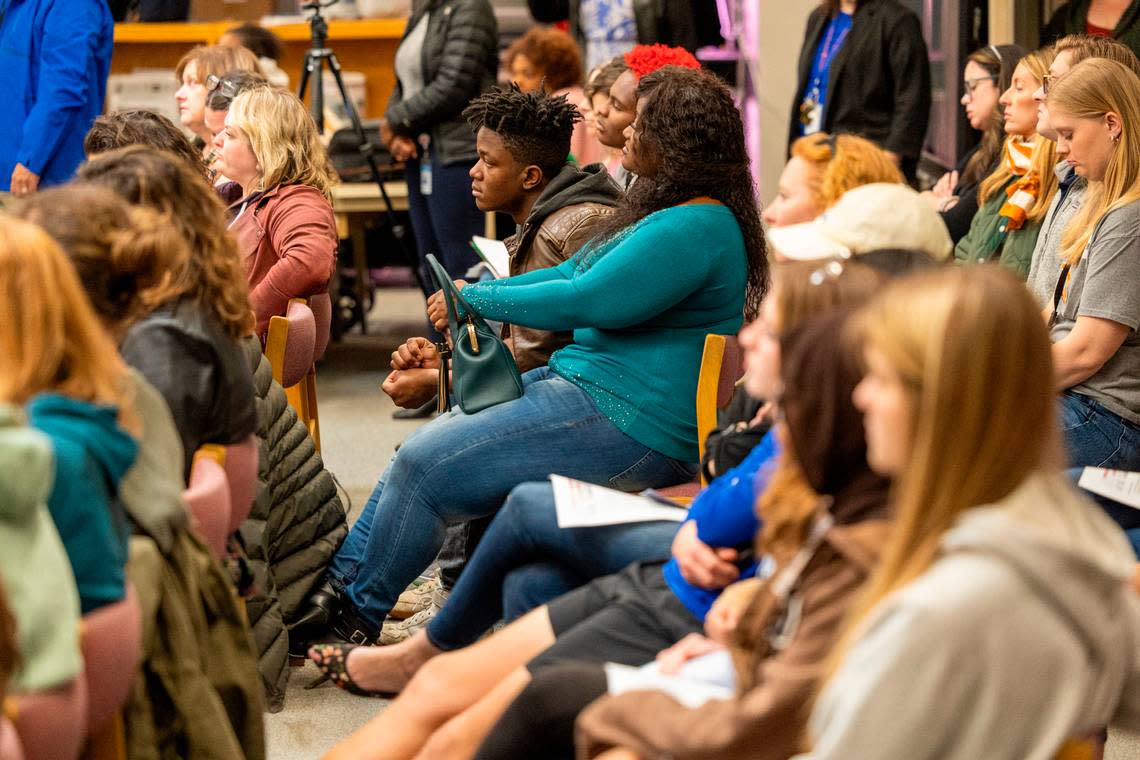 Parents and students participate in a town hall discussion on the impacts os social media on youth at Athens Drive High School in Raleigh on Monday, March 11, 2024. The attorney general’s office and the Wake County school system have both filed lawsuits accusing social media providers of using practices to addict young people to social media.