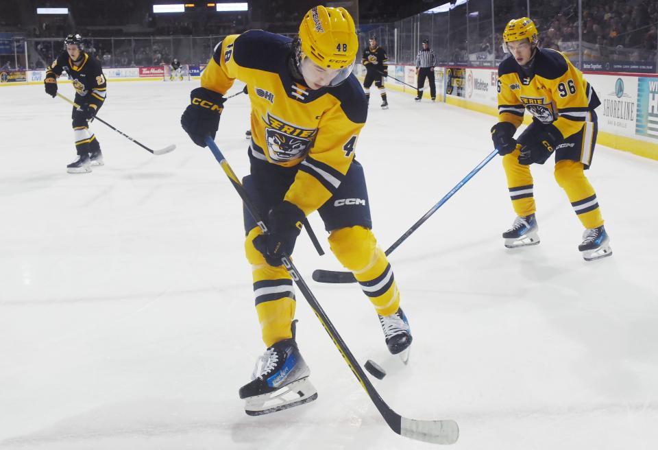 Erie Otters defenseman Matthew Schaefer controls the puck against the Sarnia Sting during an Ontario Hockey League game last Oct. 21 at Erie Insurance Arena. Schaefer was the No. 1 overall draft pick in the 2023 OHL priority selection.