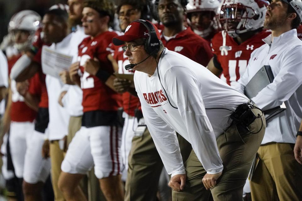 Wisconsin head coach Paul Chryst watches during the second half of an NCAA college football game against Illinois State Saturday, Sept. 3, 2022, in Madison, Wis. (AP Photo/Morry Gash)