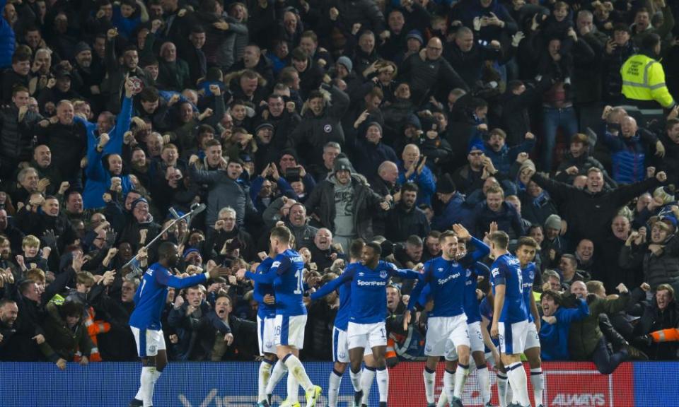 Everton’s players celebrate in front of their own supporters following Gylfi Sigurdsson’s equaliser against Liverpool in the recent FA Cup third-round tie