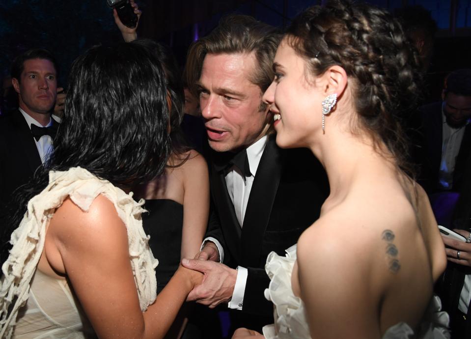 Do we think Brad Pitt (at the <em>Vanity Fair</em> party) is begging Kim Kardashian for <em>Keeping Up with the Kardashian </em>next-season spoilers?