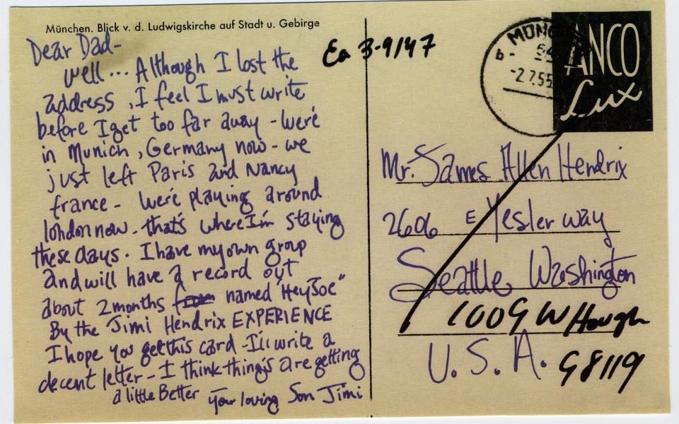 Jimi Hendrix's postcard to his father, just before Hey Joe topped the charts - JIMI | The Official 80th Anniversary Edition, published by Chronicle Chroma. © Authentic Hendrix, LLC