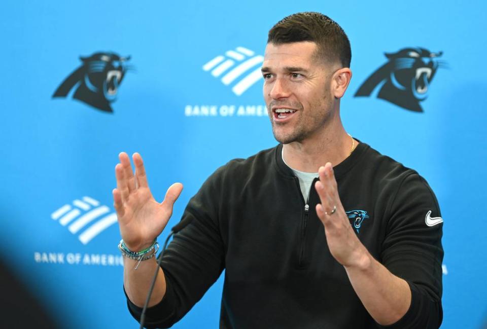 Carolina Panthers head coach Dave Canales responds to a question during a pre-draft press conference at Bank of America Stadium on Thursday, April 18, 2024.