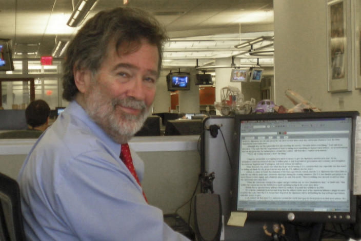 This 2011 photo shows Associated Press journalist Marcus Eliason in New York. Eliason, an international journalist whose insightful reporting, sparkling prose and skillful editing graced Associated Press news wires for almost a half-century, has died at age 75. Eliason died on Friday, Aug. 5, 2022, in a New York hospital, his family said. (AP Photo/Charles J. Hanley)