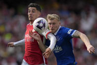 Arsenal's Kai Havertz, left, and Everton's Jarrad Branthwaite battle for the ball during the English Premier League soccer match between Arsenal and Everton at the Emirates stadium in London, Sunday, May 19, 2024. (AP Photo/Alastair Grant)