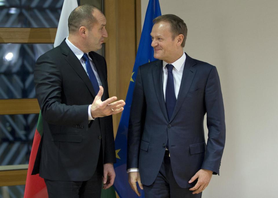 European Council President Donald Tusk, right, speaks with Bulgarian President Rumen Radev prior to a meeting at the EU Council building in Brussels on Monday, Jan. 30, 2017. (AP Photo/Virginia Mayo)