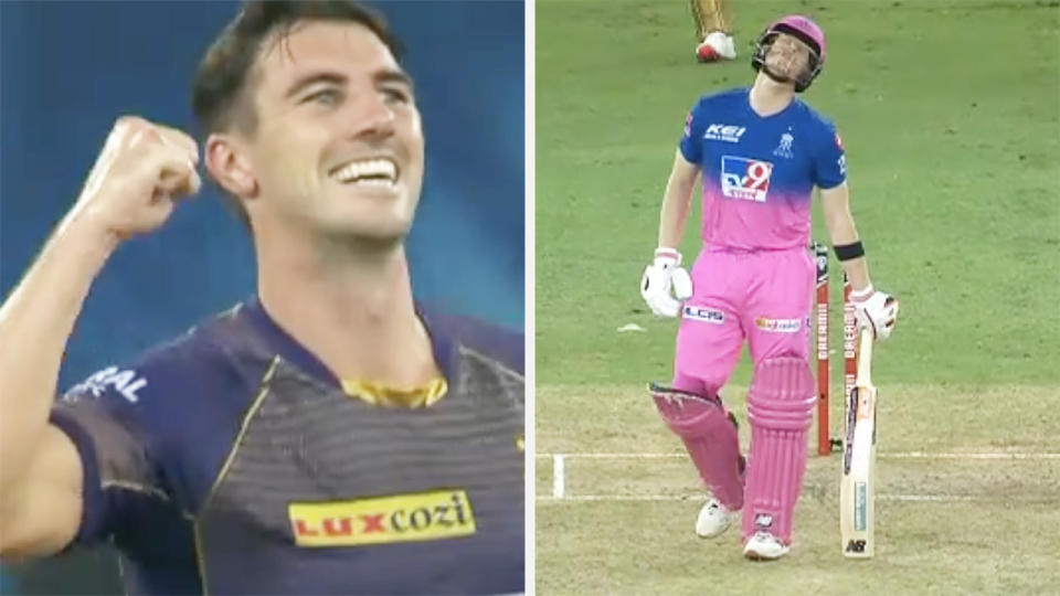 A 50-50 split image shows Pat Cummins celebrating the wicket of Steve Smith on the left, and Smith looking dejected on the right.