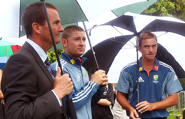 Scenes from the rain-soaked 17-man squad announcement in 2010. Source: Getty