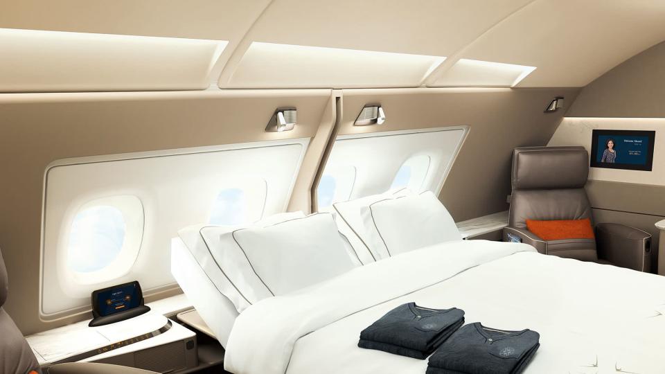 A Singapore Airlines A380 First Class Suite bed and pajamas