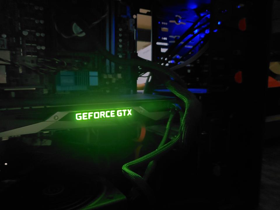 Close-up of glowing logo for an NVIDIA Geforce GTX graphics card inside a computer in a darkened room engaging in cryptocurrency mining, including for Bitcoin, San Ramon, California, October 23, 2019. (Photo by Smith Collection/Gado/Getty Images)