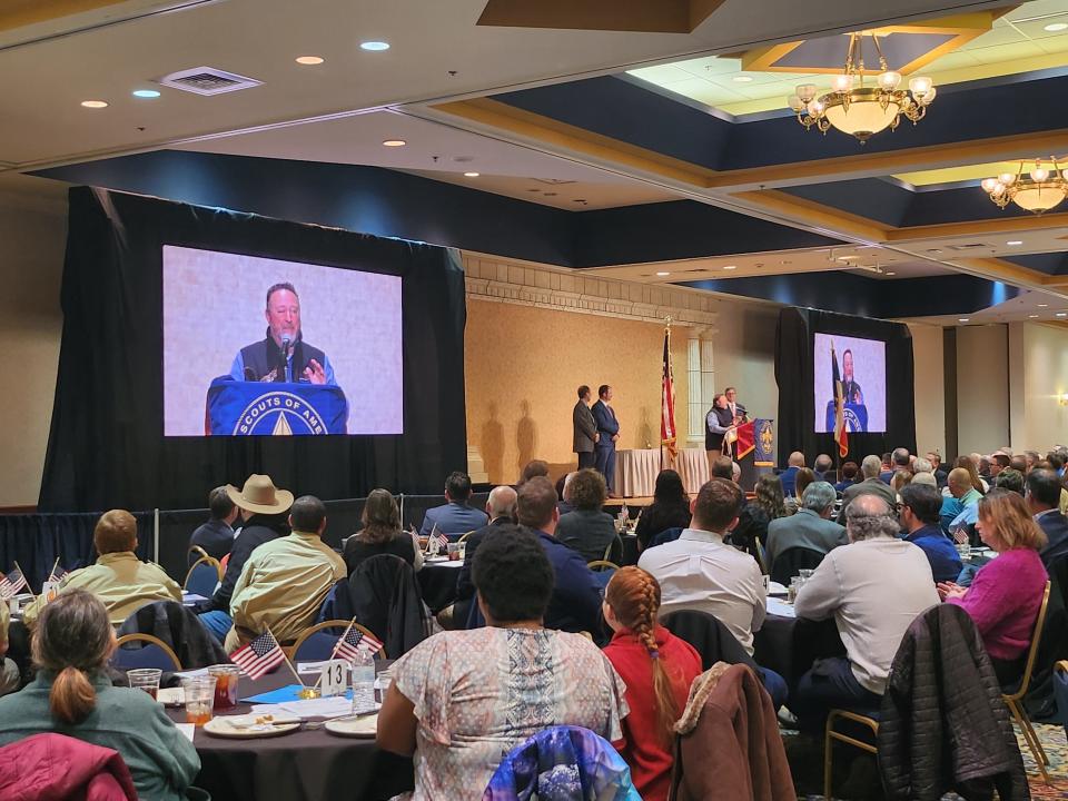 Jeremy Bradford, vice president of development at ADVO, accepts the Good Scout Award on behalf of the organization at the 23rd annual Good Scout Luncheon, Thursday afternoon in the Amarillo Civic Center Heritage Ballroom.