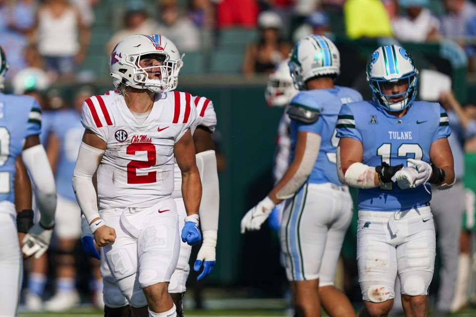 Mississippi quarterback Jaxson Dart (2) reacts after rushing for a first down near the Tulane goal line in the second half of an NCAA college football game in New Orleans, Saturday, Sept. 9, 2023. Mississippi won 37-20. (AP Photo/Gerald Herbert)