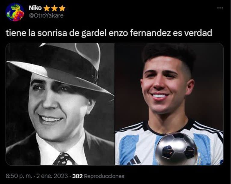 Usuarios de Twitter comparan la sonrisa de Carlos Gardel con la de Enzo Fernández