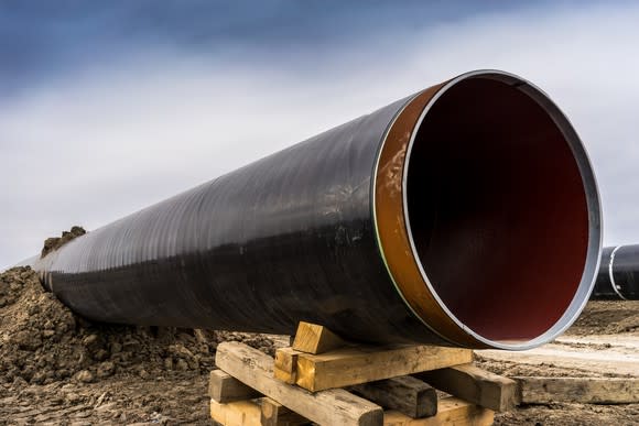 A close-up of a pipeline under construction.