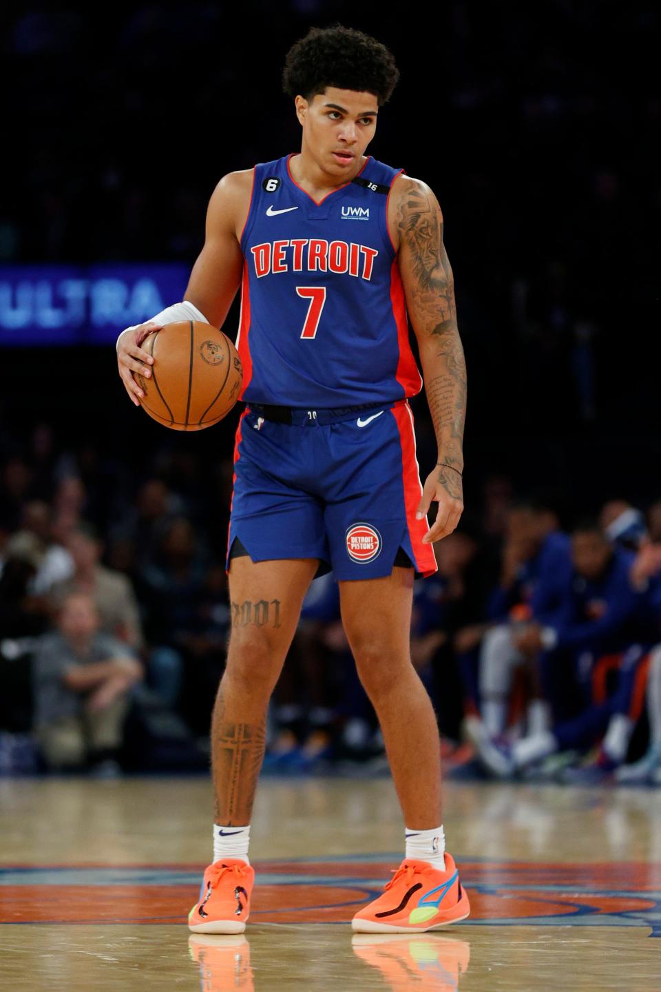 Pistons guard Killian Hayes looks on during the first half of the Pistons' 117-96 preseason loss to the Knicks on Tuesday, Oct. 4, 2022, in New York City.