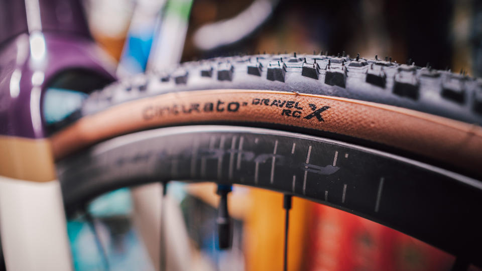 Close up on the new tan Pirelli Cinturato Gravel RCX