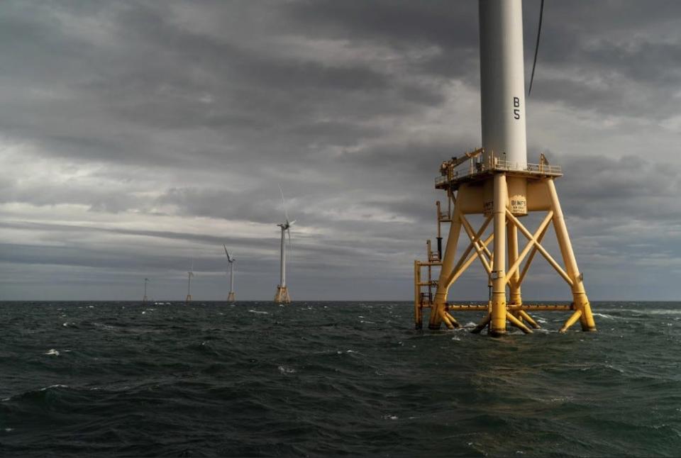 The five turbines of America's first offshore wind farm, owned by the Danish company, Orsted, stand off the coast of Block Island, R.I., Monday, Oct. 17, 2022.