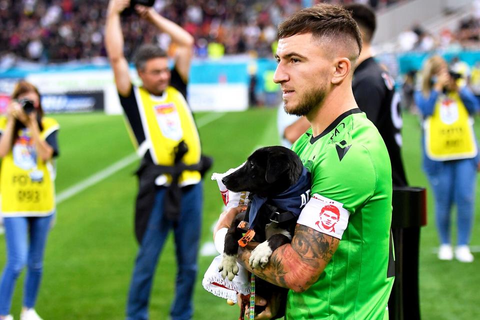 Deian Sorescu holds a dog before enter the pitch in action during the Romania Liga 1 game between FCSB and Dinamo Bucharest, played on Arena Nationala, in Bucharest, on Sunday 12 September 2021.