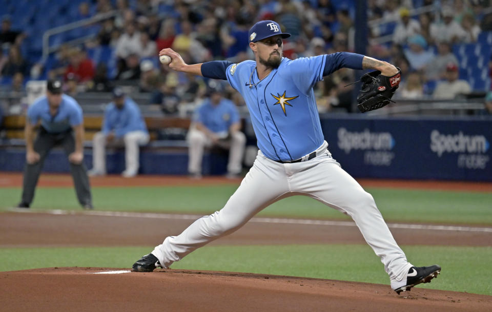 Tampa Bay Rays starter Shawn Armstrong pitches against the Philadelphia Phillies during the first inning of a baseball game Thursday, July 6, 2023, in St. Petersburg, Fla. (AP Photo/Steve Nesius)