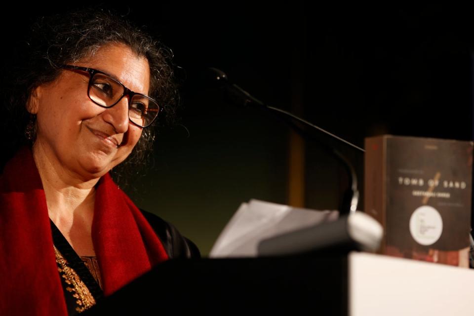 Author Geetanjali Shree delivers her acceptance speech after winning the 2022 International Booker Prize for her novel Tomb of Sand (David Cliff/AP) (AP)