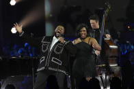 Michael Trotter Jr., left, and Tanya Trotter of The War and Treaty perform during MusiCares Person of the Year honoring Jon Bon Jovi on Friday, Feb. 2, 2024, in Los Angeles. (AP Photo/Chris Pizzello)