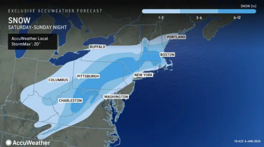 A forecast map shows 1-3 inches of snow is likely to fall in some major East Coast cities this weekend but that some parts of West Virginia, Pennsylvania and Massachusetts could see a foot of snow.