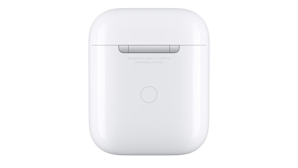 Apple AirPods case rear, showing the reset button
