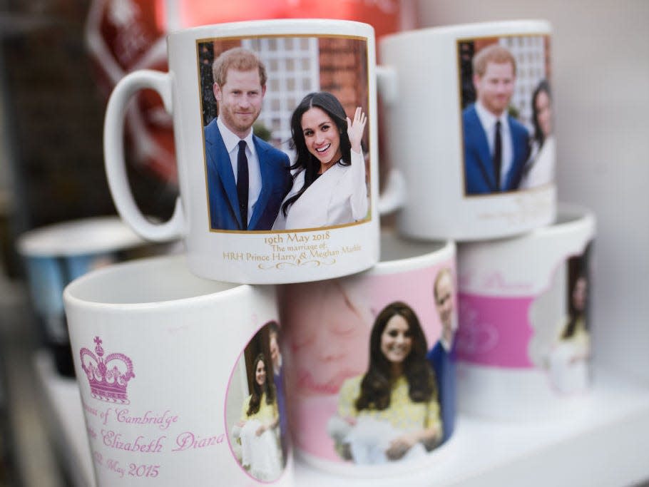 Royal wedding souvenir mugs featuring photos of Prince Harry and Meghan Markle