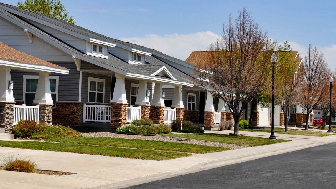 Housing for service members at Mountain Home Air Force Base in April 2022. Some airmen at the Idaho base and their families struggle to find affordable homes despite off-base housing allowances and free base housing.