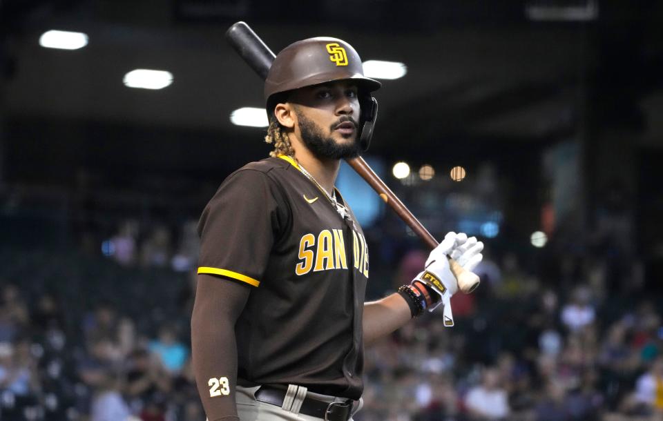 San Diego Padres shortstop Fernando Tatis Jr. gets ready to hit against the Arizona Diamondbacks in the first inning at Chase Field.